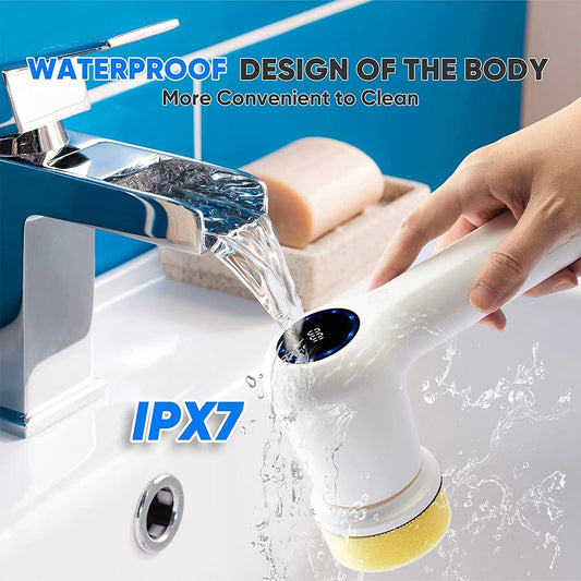 Rotary Electric Scrubber 4 Replaceable Heads New Plastic Design for Efficient Cleaning Bathroom Kitchen Sink Battery Level