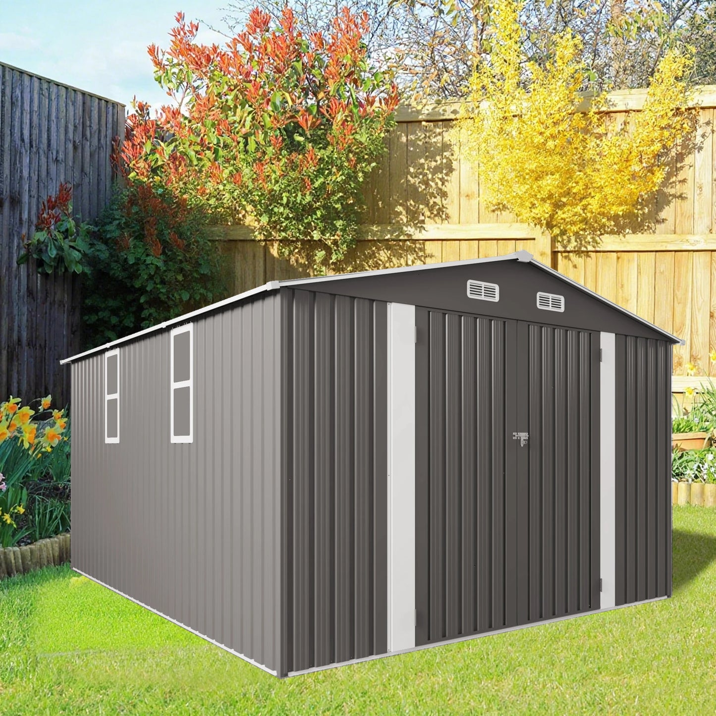 10*12FT Heavy Duty Metal Outdoor Storage Shed with Two Hinged Doors and 2 windows for Backyard Tool