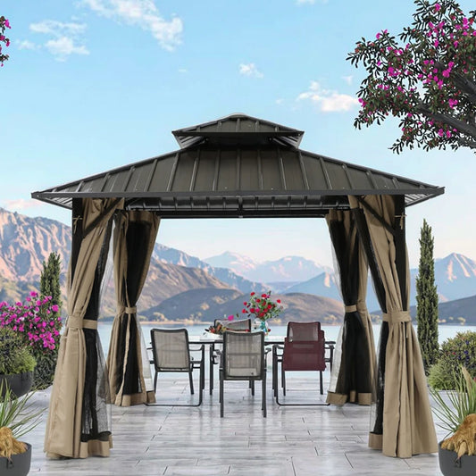 Outdoor Double Roof Hardtop Aluminum Pergola with Waterproof Privacy Curtain & Mosquito Net for Outdoor Furniture