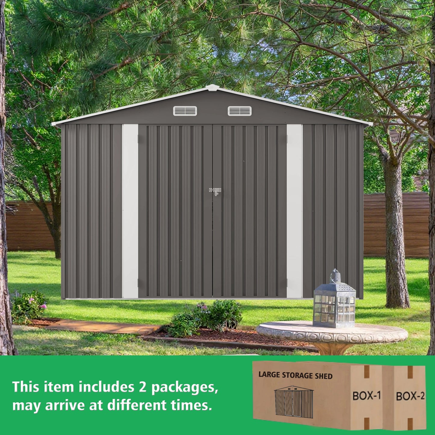 10*12FT Heavy Duty Metal Outdoor Storage Shed with Two Hinged Doors and 2 windows for Backyard Tool