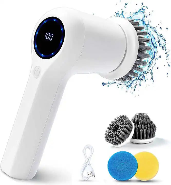 Rotary Electric Scrubber 4 Replaceable Heads New Plastic Design for Efficient Cleaning Bathroom Kitchen Sink Battery Level