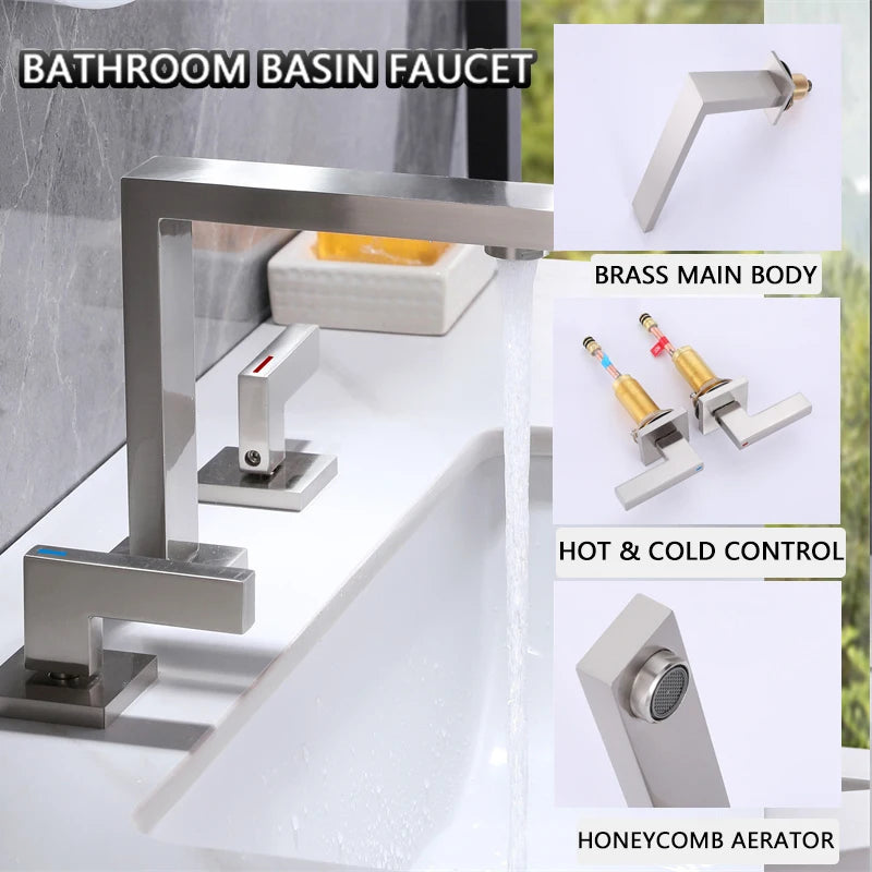 Modern Design Brass Deck Mounted 3 Holes Basin Mixer Faucet Brushed Nickel 2 Handle Bathroom Faucet Bathroom Sink Faucet