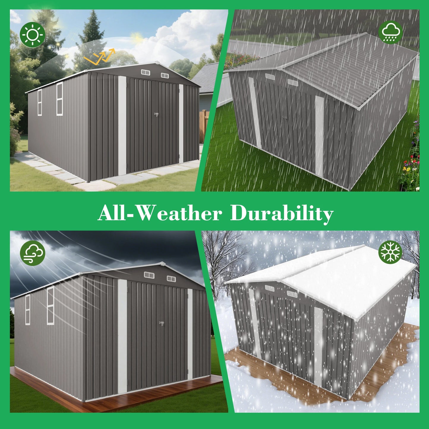 10*12FT Heavy Duty Metal Outdoor Storage Shed with Two Hinged Doors and 2 windows for Backyard Tool