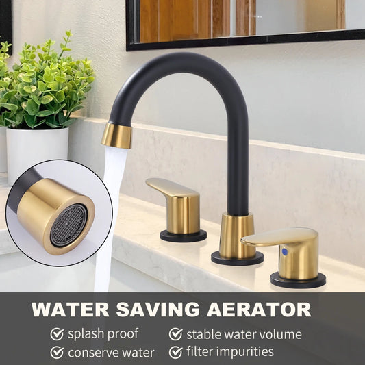 Black and Gold 8 Inch Widespread Bathroom Faucet with Drain