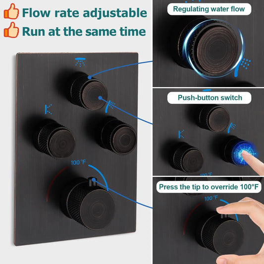 Matte Black 16" Rain Shower System - Thermostatic Full Body Shower Head with 3-Way Mixing Valve