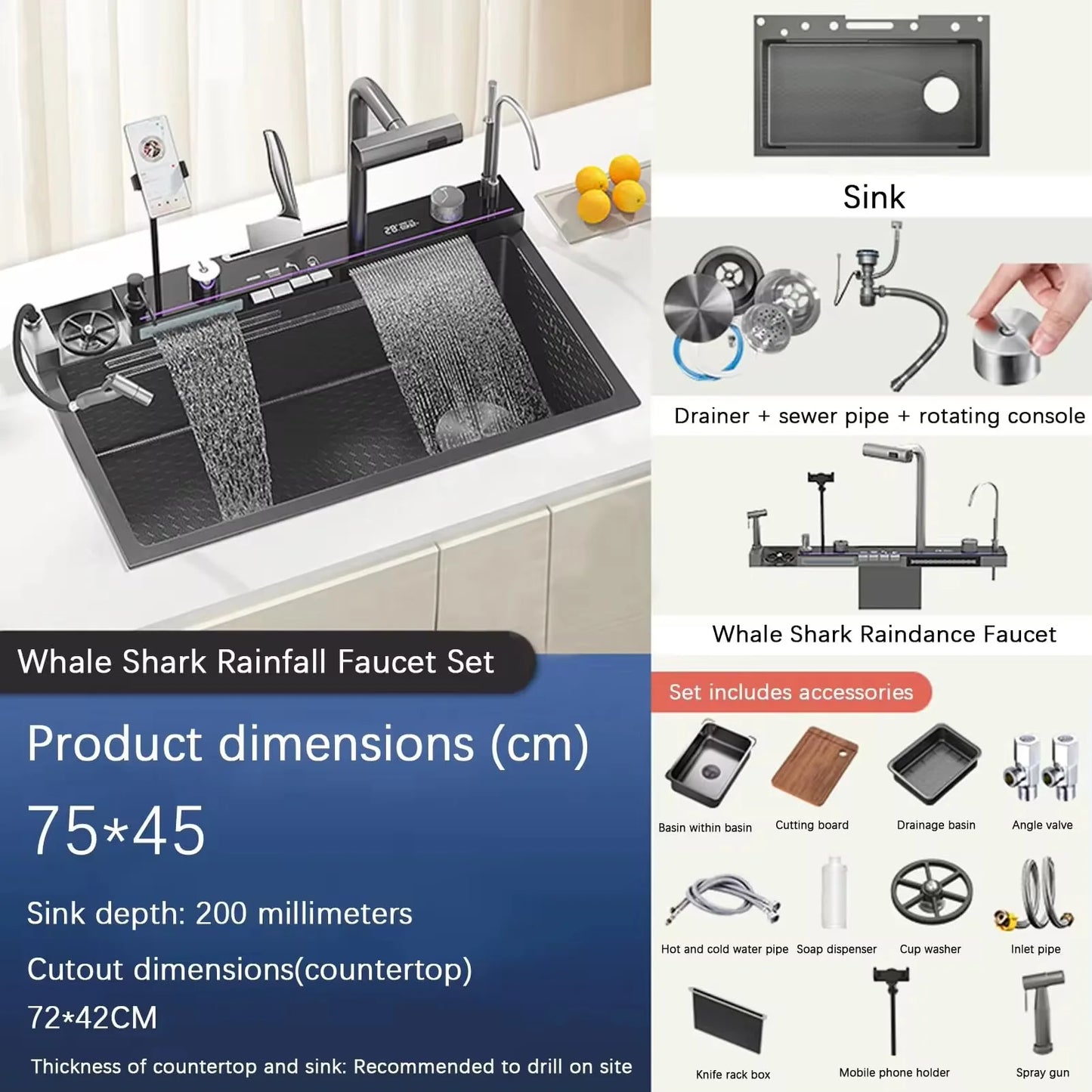 Black Temperature Display Smart Faucet Pull Down Sprayer Waterfall Kitchen Sink Faucets