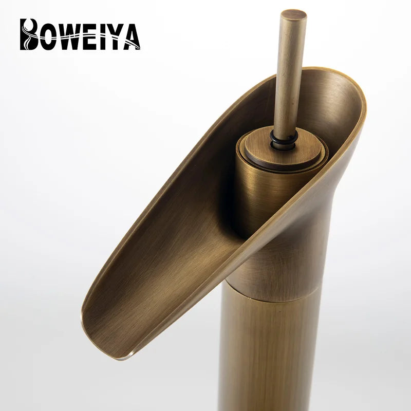 Boweiya CUPC High Quality Antique Copper Brass Single Hole Wash Basin Sets Waterfall Sink Faucet Kitchen Bathroom Faucets