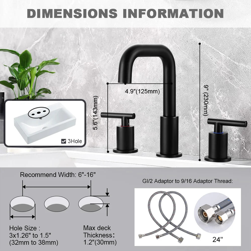 Matte Black Widespread Bathroom Faucet,2 Handles Black Basin Mixer Faucet for Sink 3 Hole,Black Widespread Bathroom Faucets