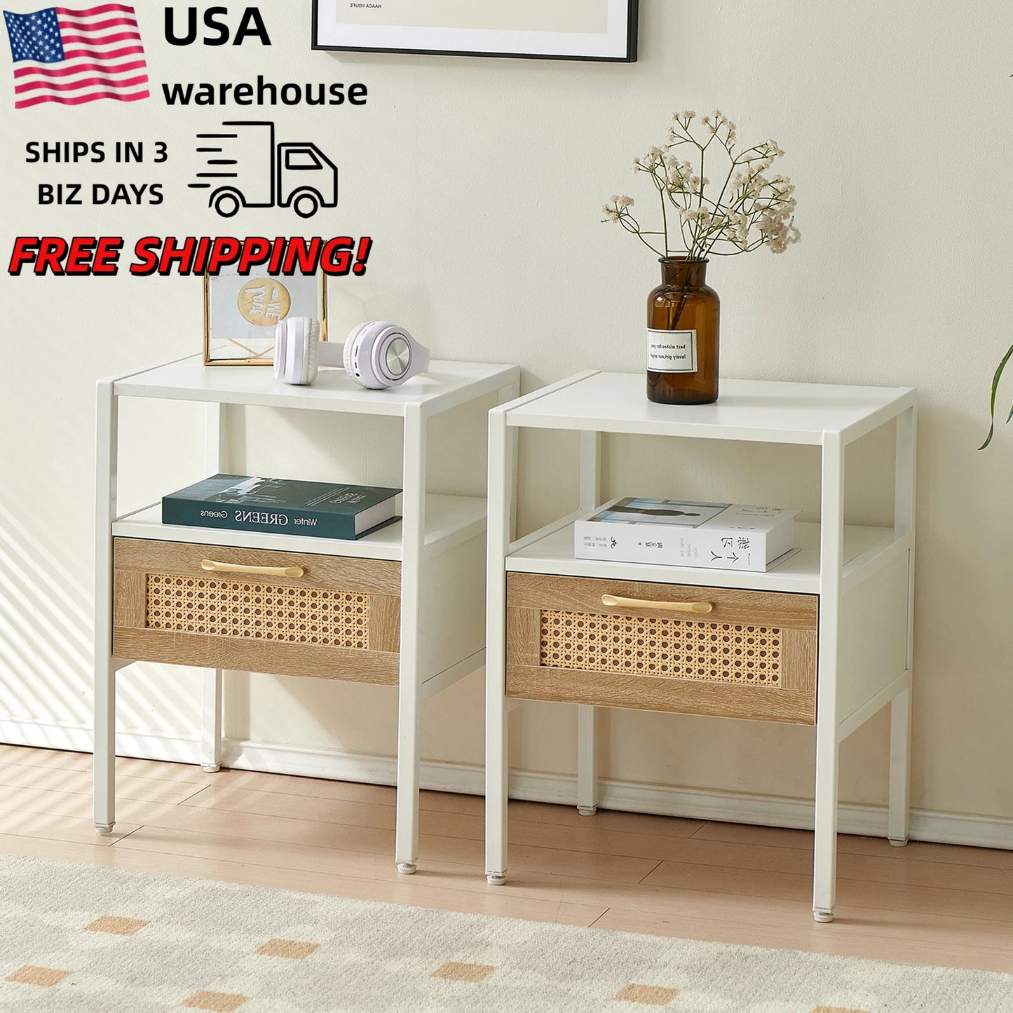 Wooden Side Table Set 2 Pieces Modern Wooden Nightstand with Drawer for Bedroom Living Room square Side Table