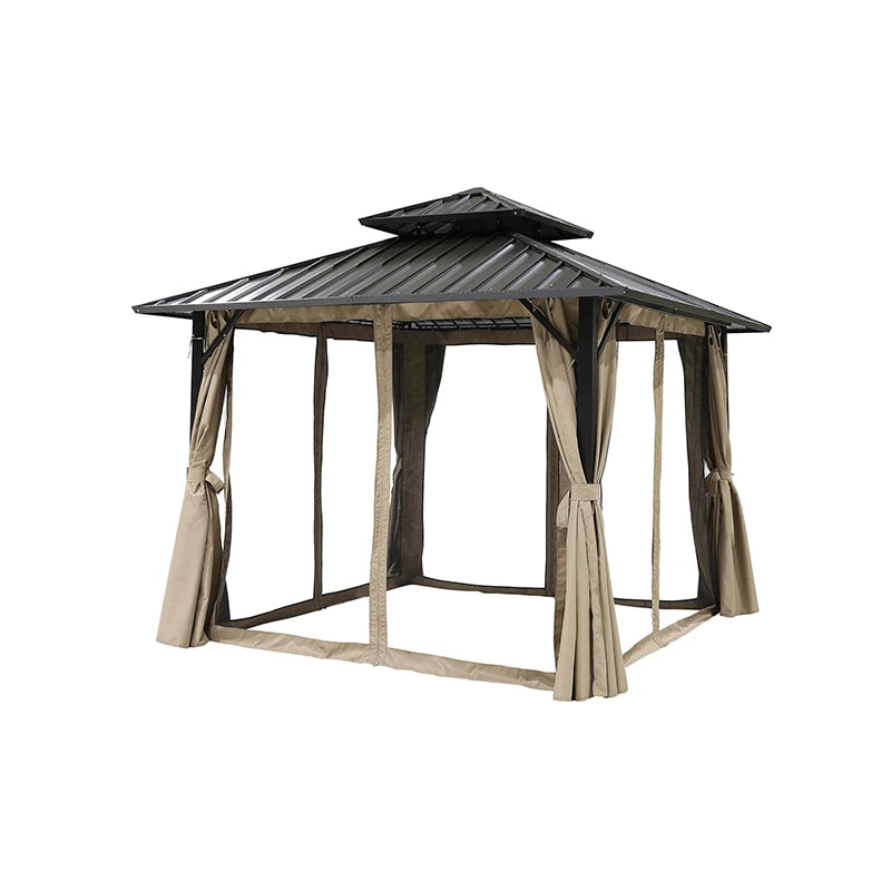 Outdoor Double Roof Hardtop Aluminum Pergola with Waterproof Privacy Curtain & Mosquito Net for Outdoor Furniture