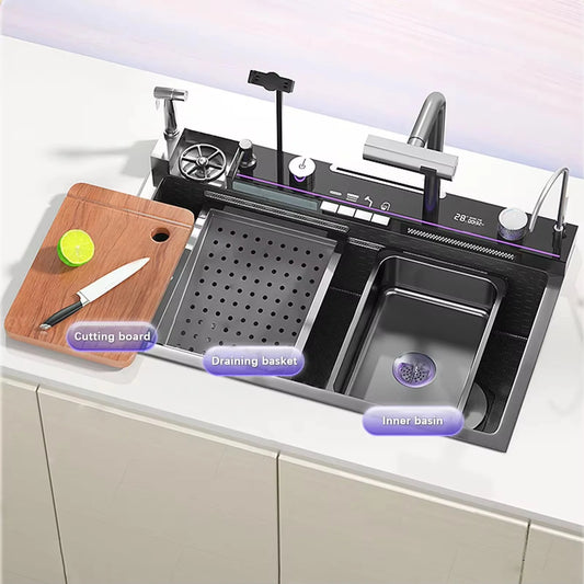 Black Temperature Display Smart Faucet Pull Down Sprayer Waterfall Kitchen Sink Faucets