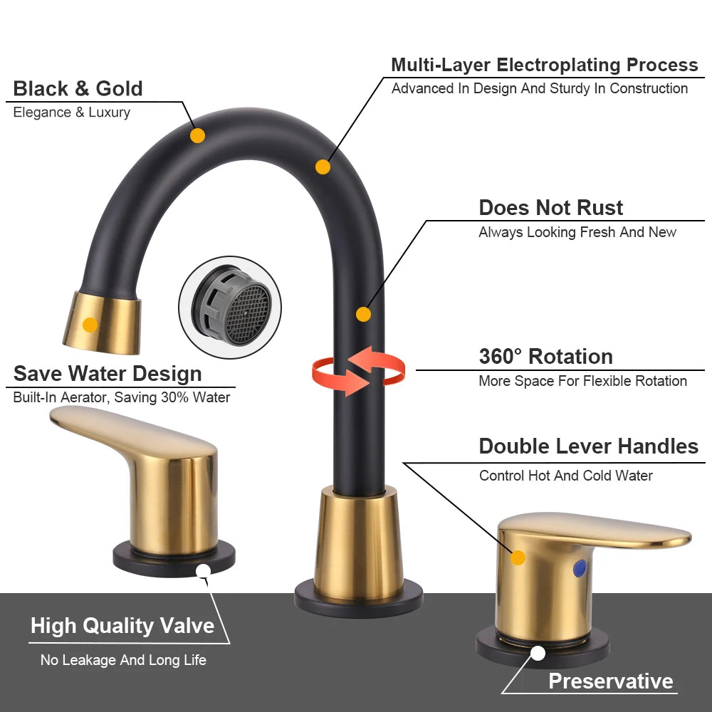 Black and Gold 8 Inch Widespread Bathroom Faucet with Drain