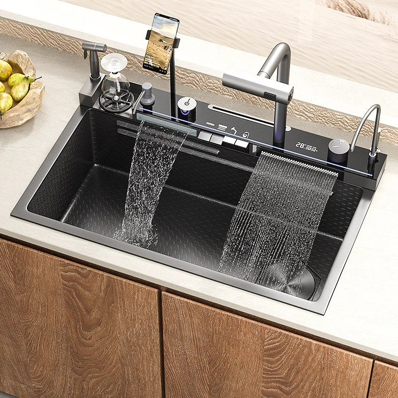 Black Temperature Display Smart Faucet Pull Down Sprayer Waterfall Kitchen Sink Faucets