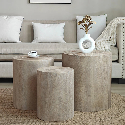 Modern Rustic Wood Finish Set 3 Rounded Coffee Tables End Tables Plant Stands-for Living Room Decorative Accent Pieces for House