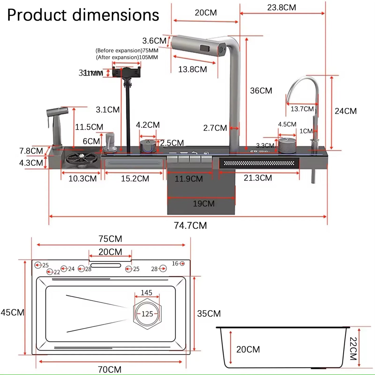 Black Temperature Display Smart Faucet Pull Down Sprayer Waterfall Kitchen Sink Faucets