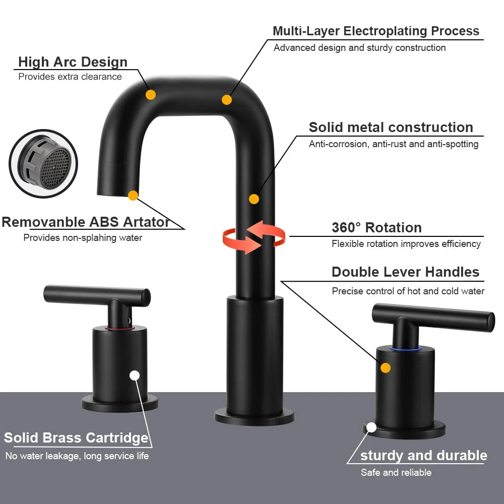 Matte Black Widespread Bathroom Faucet,2 Handles Black Basin Mixer Faucet for Sink 3 Hole,Black Widespread Bathroom Faucets