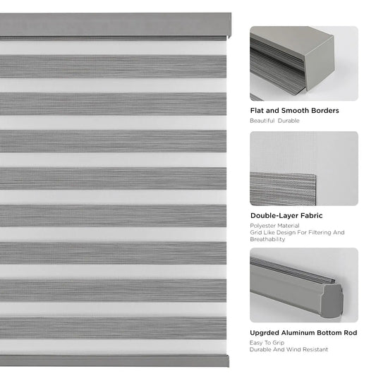 Cordless Zebra Blinds (Pro Upgrade), Dual Layer Light Control Zebra Blinds for Windows, Light-Proof Aluminum Cover, Free-Stop