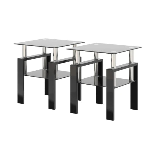Living Room Sets Side Table Set of 2 , Simple Modern Design Side Table Hot Sell Tempered Glass with Metal Frame 2pcs/ctn