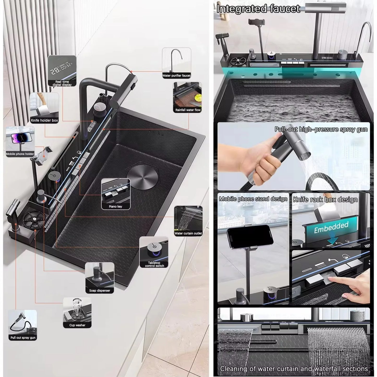 Black Temperature Display Smart Faucet Pull Down Sprayer Waterfall Kitchen Sink Faucets