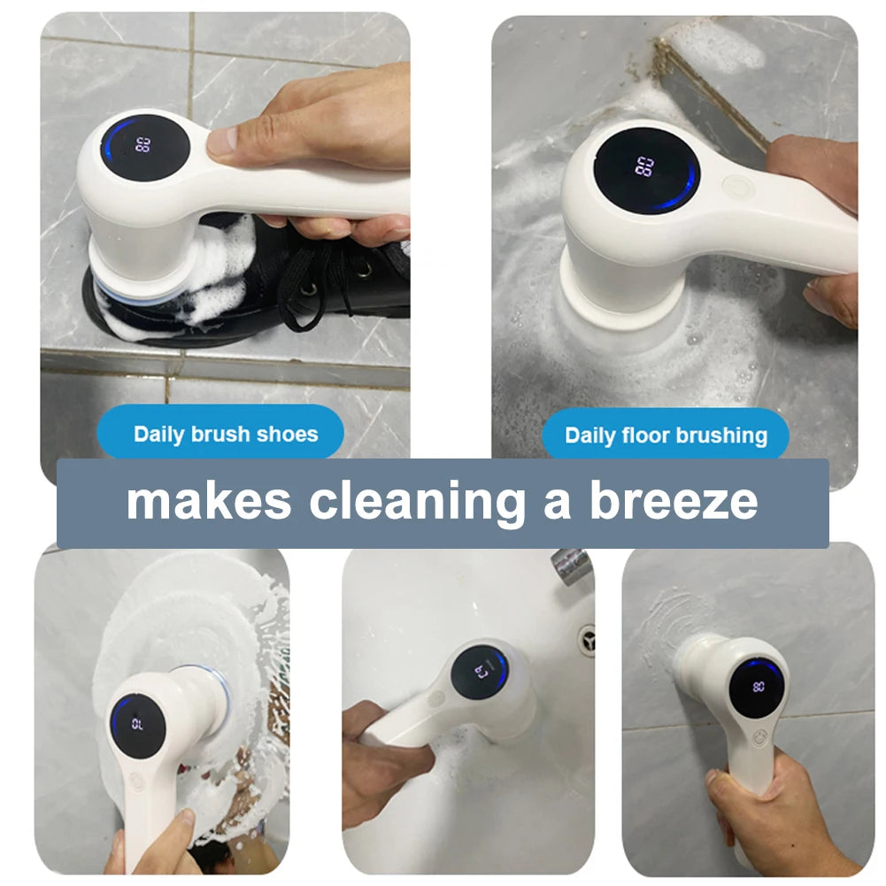 Rotary Electric Scrubber 4 Replaceable Heads New Plastic Design for Efficient Cleaning Bathroom Kitchen Sink Battery Level