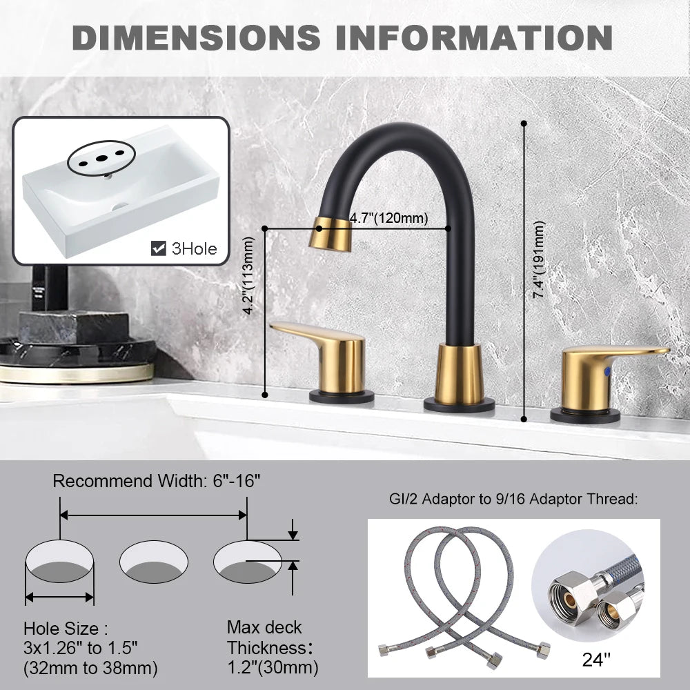 Black and Gold 8 Inch Widespread Bathroom Faucet with Drain