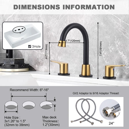 Black and Gold 8 Inch Widespread Bathroom Faucet with Drain
