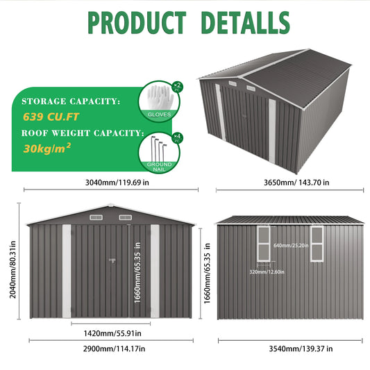 10*12FT Heavy Duty  Metal Outdoor Storage Shed with  Two Hinged  Doors  and 2 windows for Backyard Tool