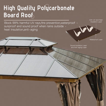 Hardtop Gazebo Aluminum Frame Polycarbonate Double Roof Wooden Coated Patio Deck