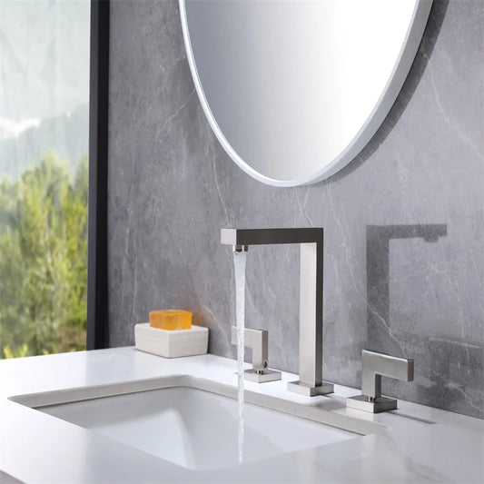Modern Design Brass Deck Mounted 3 Holes Basin Mixer Faucet Brushed Nickel 2 Handle Bathroom Faucet Bathroom Sink Faucet