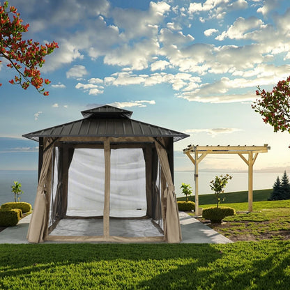 Outdoor Double Roof Hardtop Aluminum Pergola with Waterproof Privacy Curtain & Mosquito Net for Outdoor Furniture