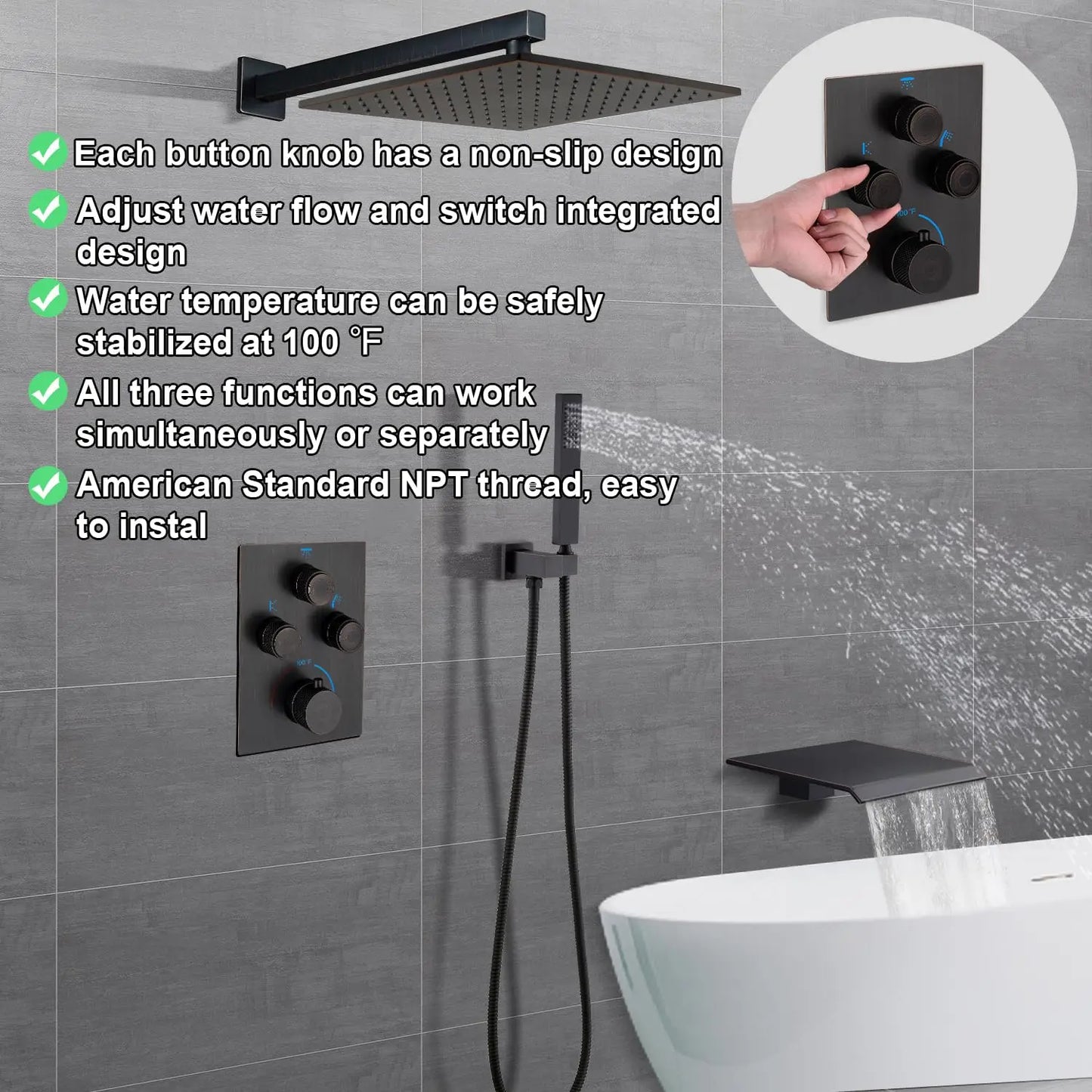 Matte Black 16" Rain Shower System - Thermostatic Full Body Shower Head with 3-Way Mixing Valve