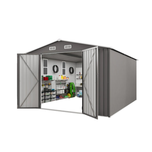 10*12FT Heavy Duty  Metal Outdoor Storage Shed with  Two Hinged  Doors  and 2 windows for Backyard Tool
