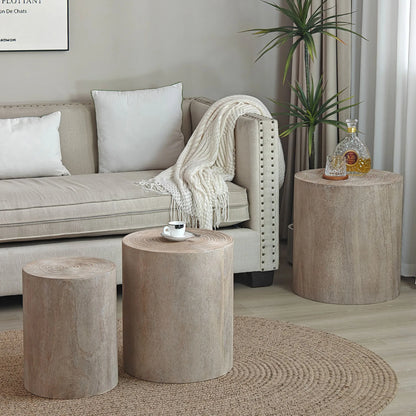 Modern Rustic Wood Finish Set 3 Rounded Coffee Tables End Tables Plant Stands-for Living Room Decorative Accent Pieces for House