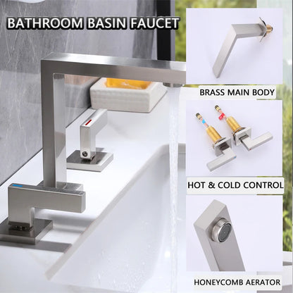 Modern Design Brass Deck Mounted 3 Holes Basin Mixer Faucet Brushed Nickel 2 Handle Bathroom Faucet Bathroom Sink Faucet