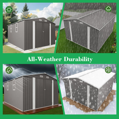 10*12FT Heavy Duty  Metal Outdoor Storage Shed with  Two Hinged  Doors  and 2 windows for Backyard Tool