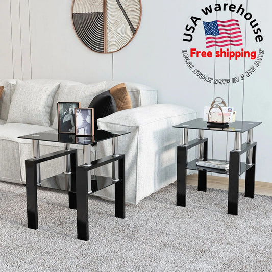 Living Room Sets Side Table Set of 2 , Simple Modern Design Side Table Hot Sell  Tempered Glass with Metal Frame  2pcs/ctn