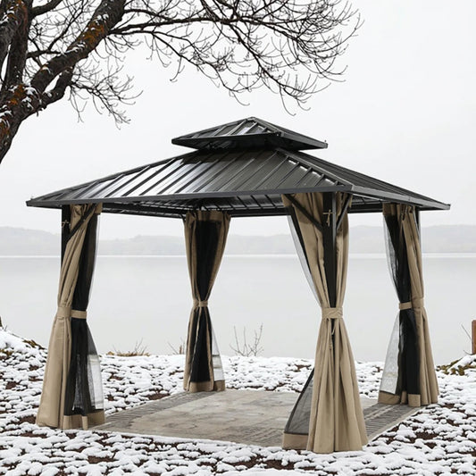Outdoor Double Roof Hardtop Aluminum Pergola with Waterproof Privacy Curtain & Mosquito Net for Outdoor Furniture