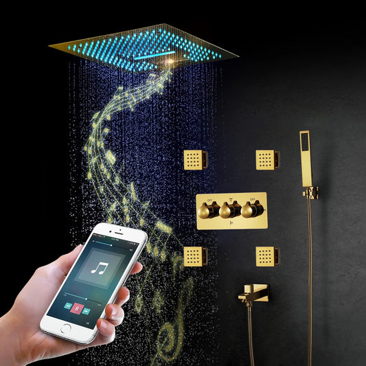 64 Colors LED Light Shower Head Music Shower System Gold Bathroom Faucets Body Jets Rain Shower Set