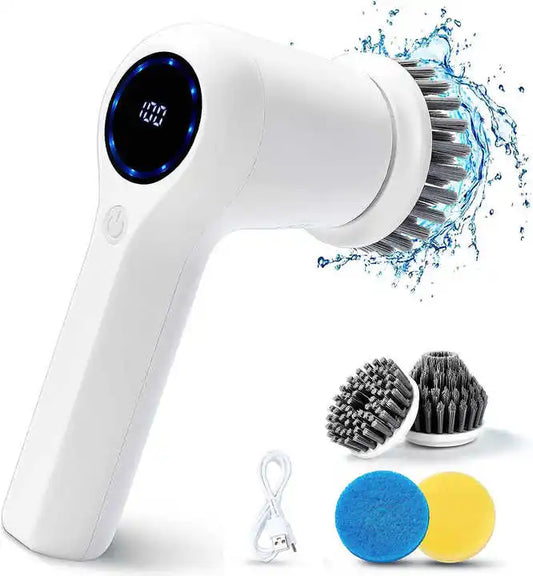 Rotary Electric Scrubber 4 Replaceable Heads New Plastic Design for Efficient Cleaning Bathroom Kitchen Sink Battery Level