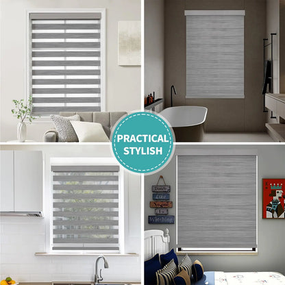 Cordless Zebra Blinds (Pro Upgrade), Dual Layer Light Control Zebra Blinds for Windows, Light-Proof Aluminum Cover, Free-Stop