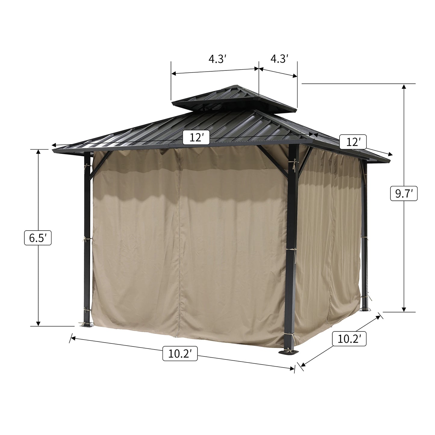 Outdoor Double Roof Hardtop Aluminum Pergola with Waterproof Privacy Curtain & Mosquito Net for Outdoor Furniture