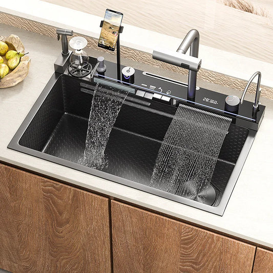 Black Temperature Display Smart Faucet Pull Down Sprayer Waterfall Kitchen Sink Faucets