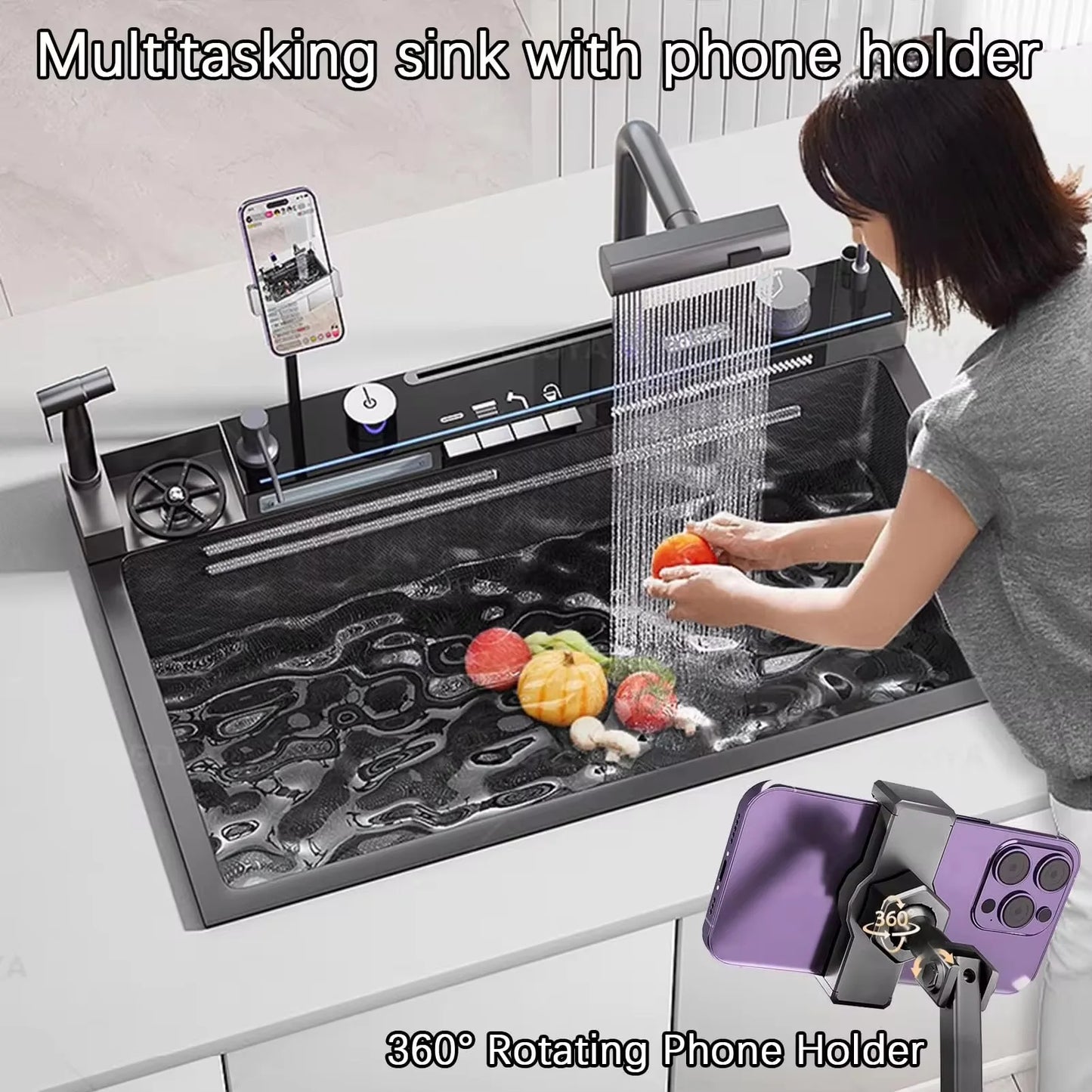 Black Temperature Display Smart Faucet Pull Down Sprayer Waterfall Kitchen Sink Faucets