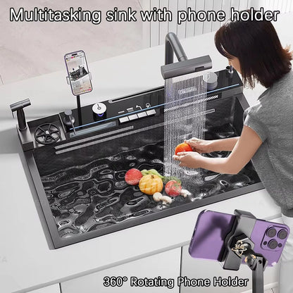 Black Temperature Display Smart Faucet Pull Down Sprayer Waterfall Kitchen Sink Faucets