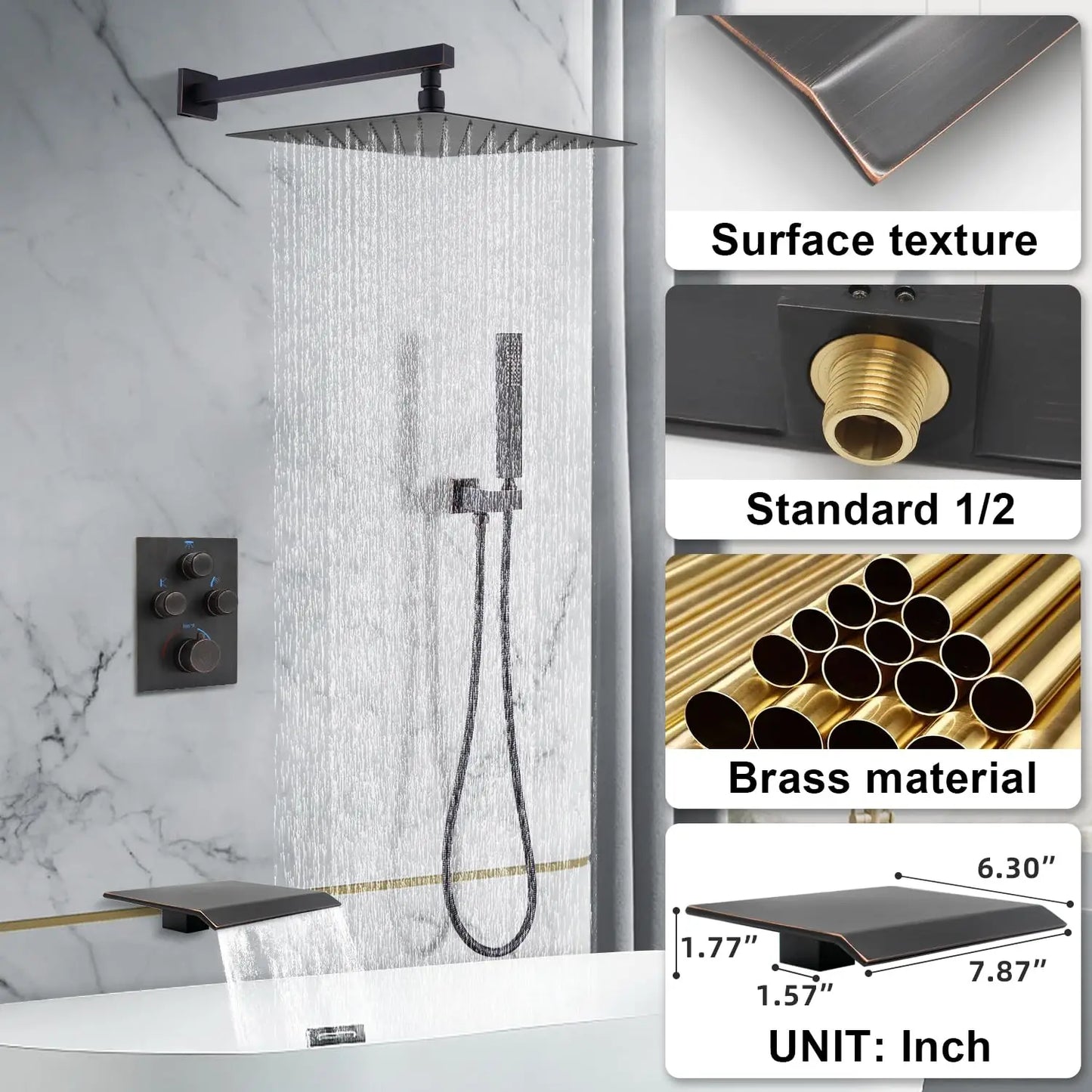 Matte Black 16" Rain Shower System - Thermostatic Full Body Shower Head with 3-Way Mixing Valve