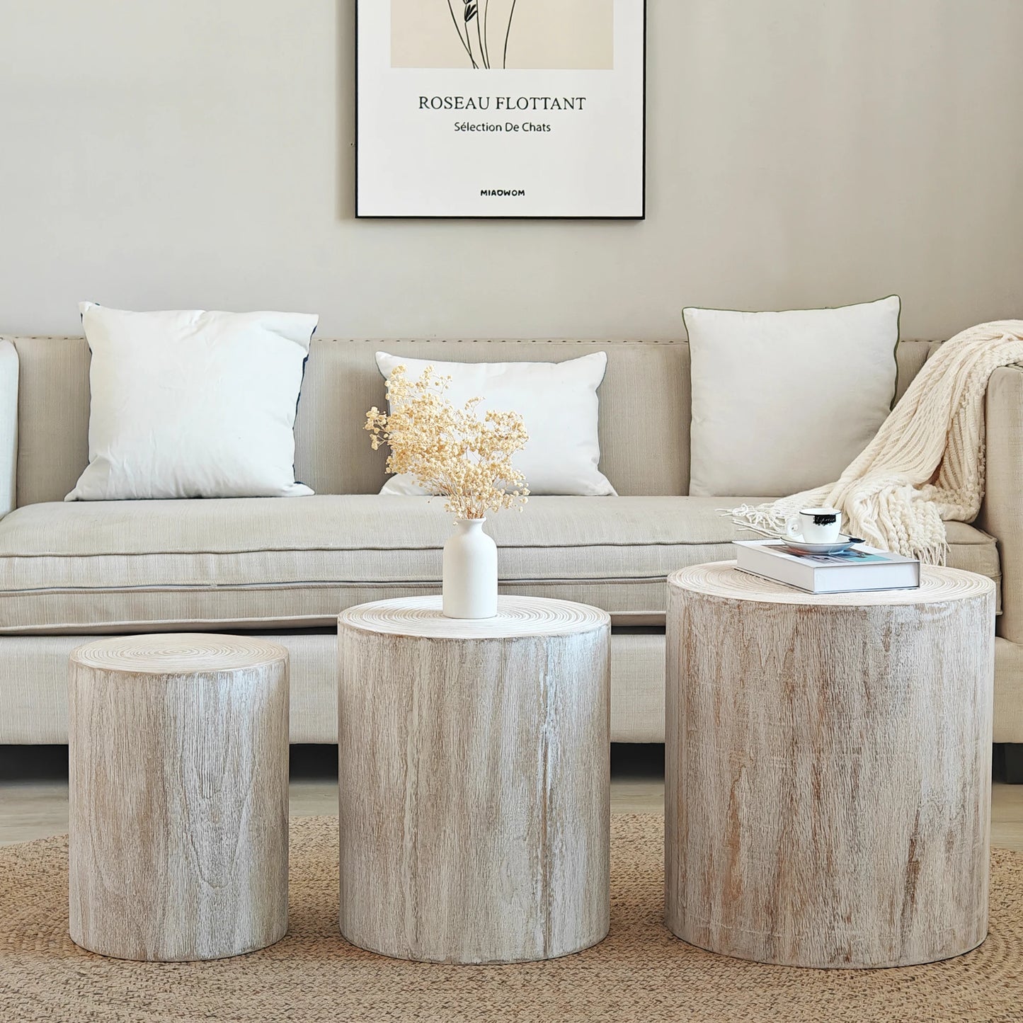 Modern Rustic Wood Finish Set 3 Rounded Coffee Tables End Tables Plant Stands-for Living Room Decorative Accent Pieces for House