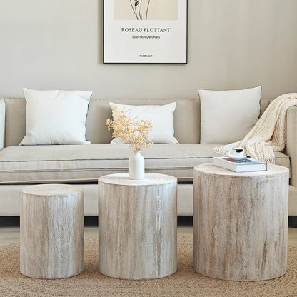 Modern Rustic Wood Finish Set 3 Rounded Coffee Tables End Tables Plant Stands-for Living Room Decorative Accent Pieces for House