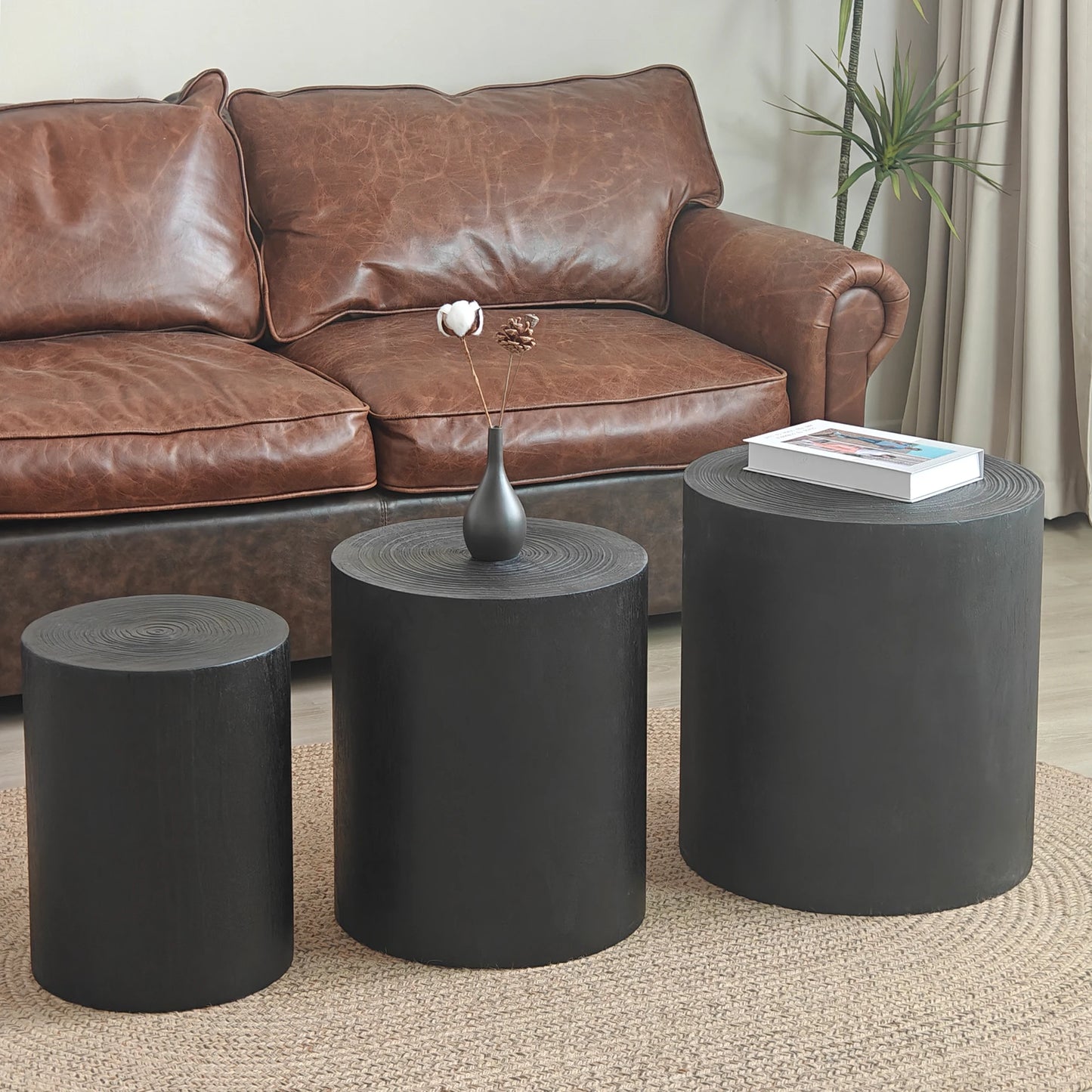 Modern Rustic Wood Finish Set 3 Rounded Coffee Tables End Tables Plant Stands-for Living Room Decorative Accent Pieces for House