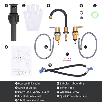 Black and Gold 8 Inch Widespread Bathroom Faucet with Drain