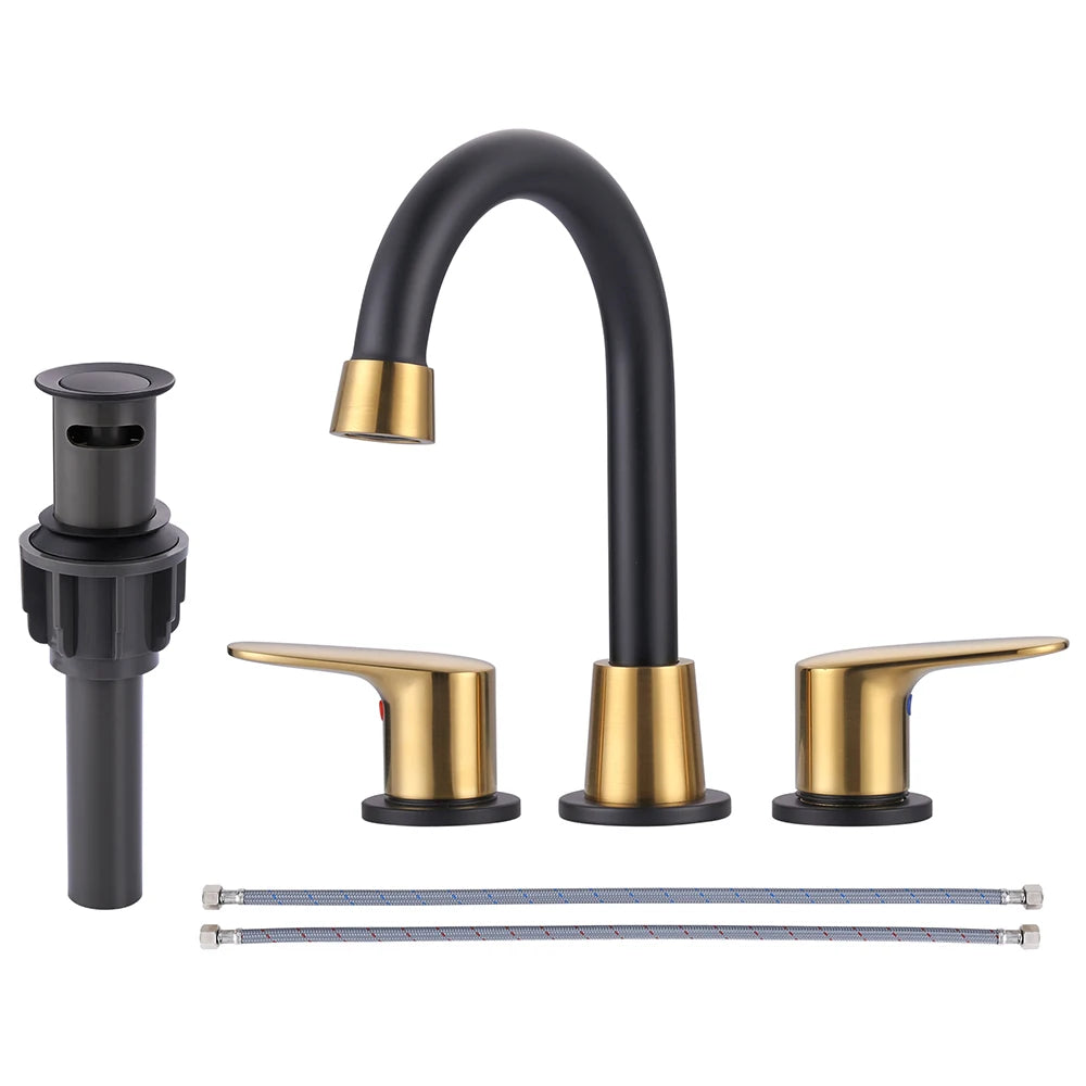 Black and Gold 8 Inch Widespread Bathroom Faucet with Drain